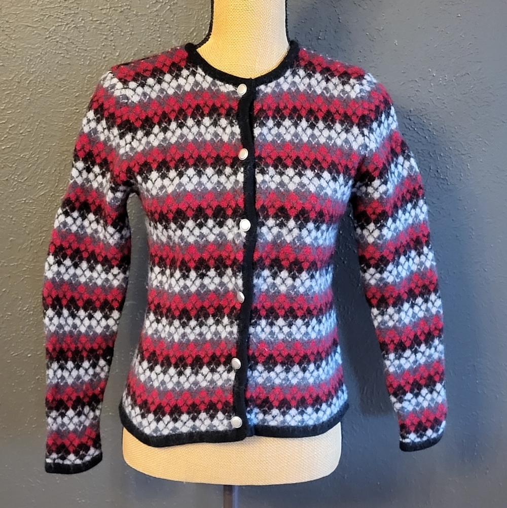 Karen Scott Argyle Striped Red/Black Wool Cardigan Large